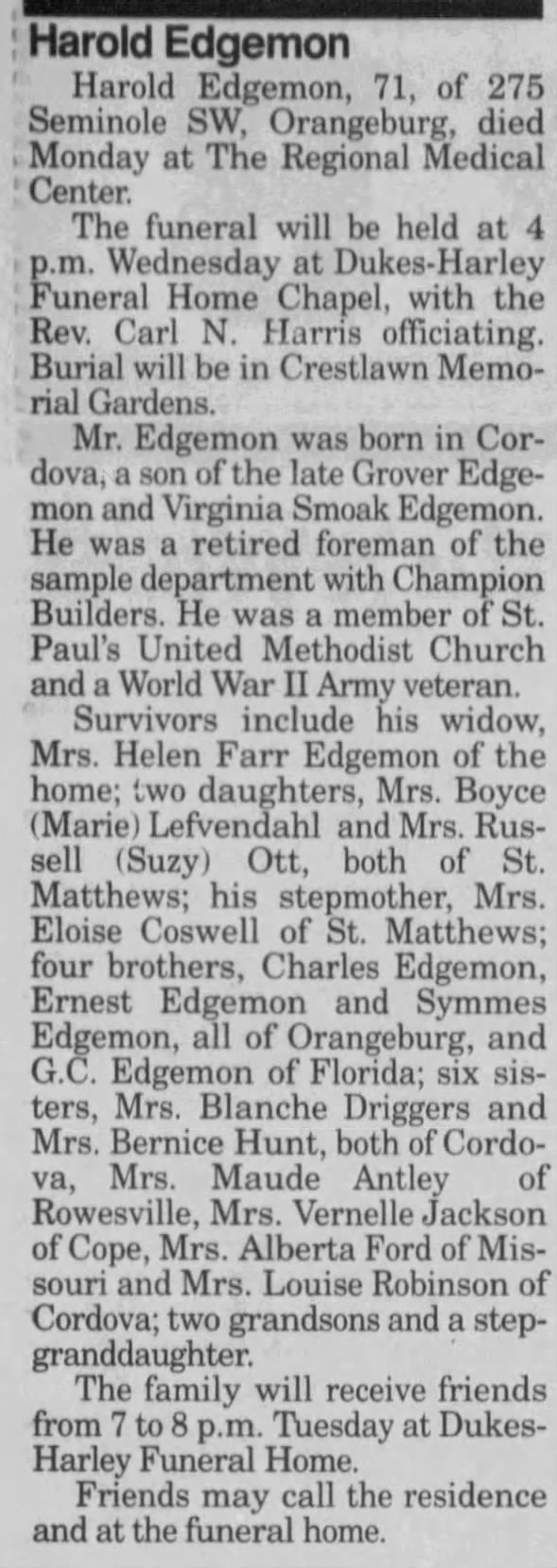 Harold Edgemon obit